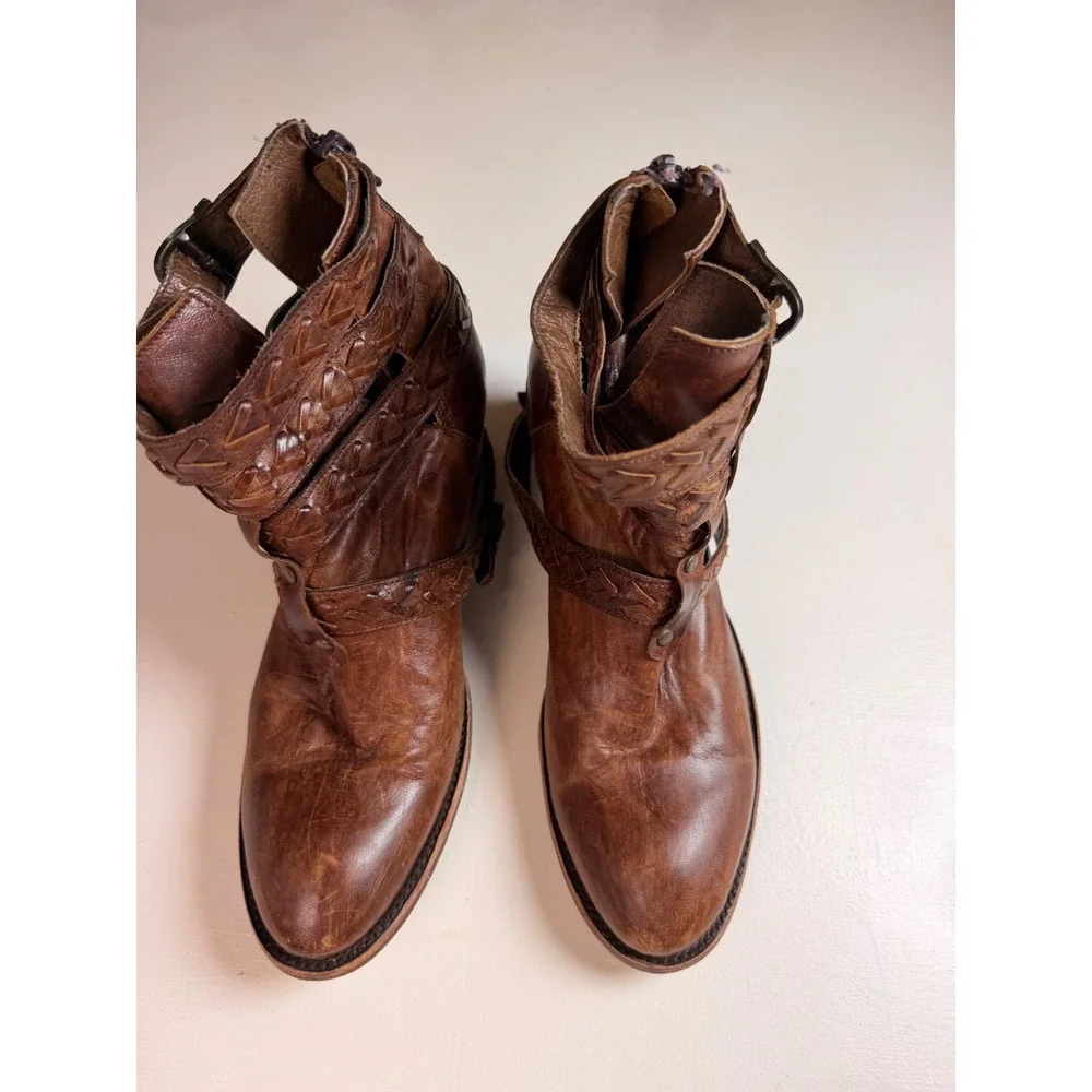 Bed Stu Glaye‎ Ankle Boots Womens Brown Size 8 Braided Triple Buckle Leather